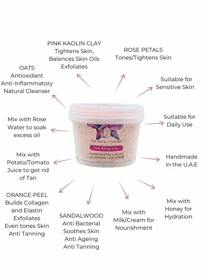 The Skin Concept  The Skin Concept Face Scrub - The Royal One - Handmade, All Natural, Vegan for Glowing Skin, Brightness, Scar Removal, Even Tone, Pore Cleansing, Tightening for Women | Best Price UAE